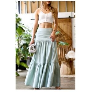 Boho‎ Sage Green Tiered Maxi Skirt Festival Vacation Size M Fairy Hippie